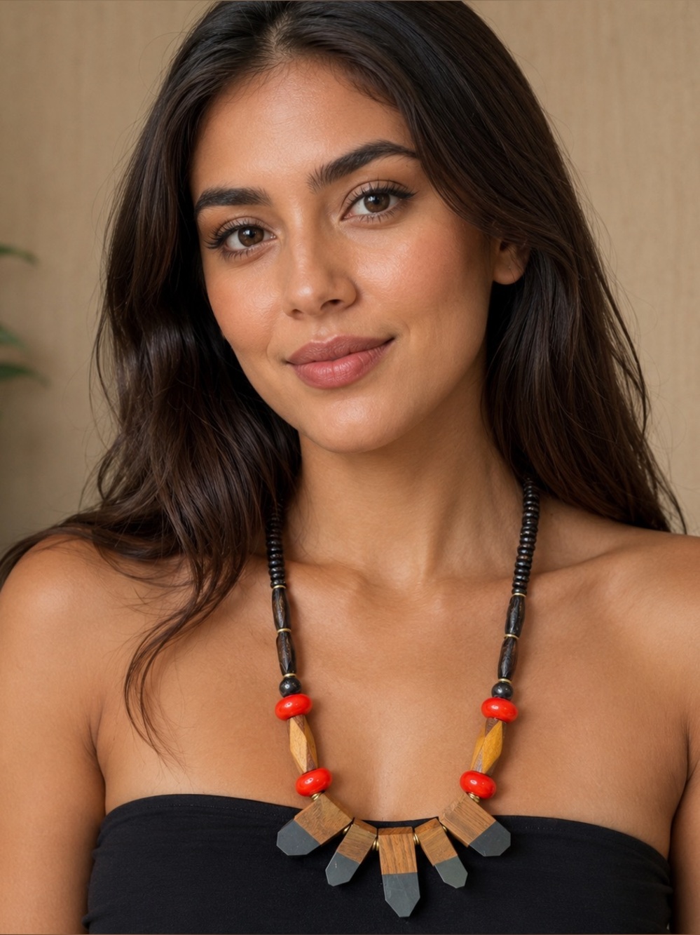 Vintage Artisan Wooden Statement Necklace – Tribal Boho Geometric Bead Necklace